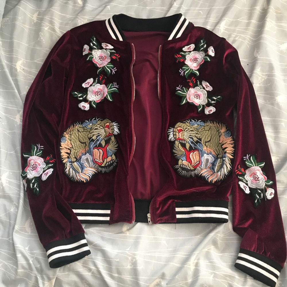 Maroon Velvet Jacket With Patches-Size Medium